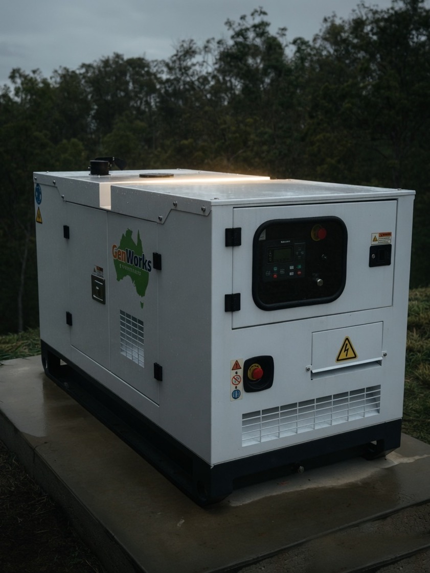 A white backup generator on a concrete pad beside a rural property, with bushland behind it.