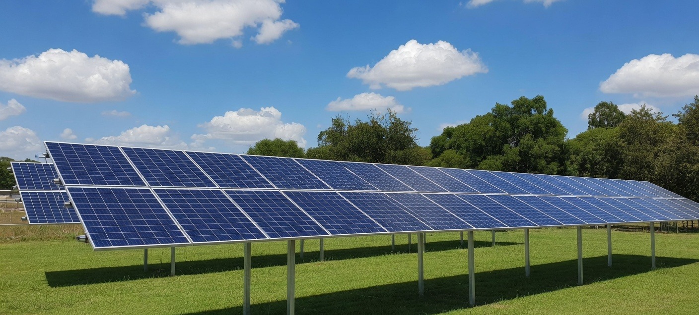 Ground-mounted solar array on a rural property.