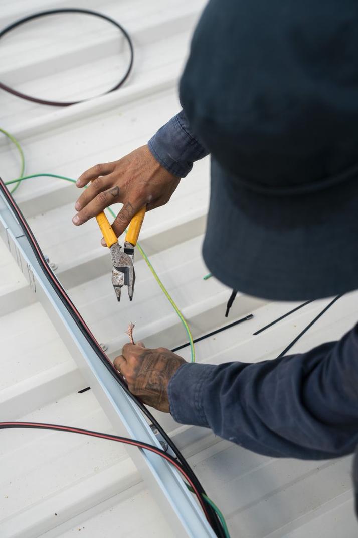 Close-up of roof wiring work.