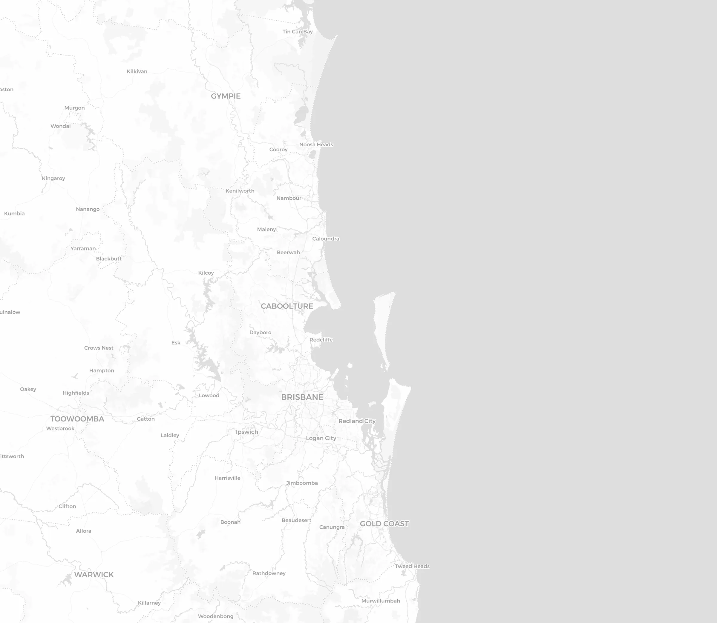 Street map from Gympie to Tweed Heads. Dots mark the suburbs named in the list below, numbered markers sit on the three regions and a ring marks the Coopers Plains base.